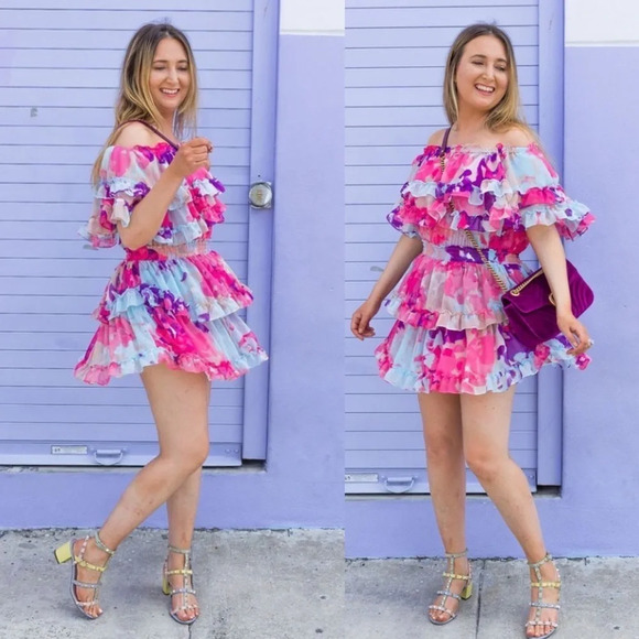 MISA Los Angeles Isella Ruffled Floral Mini Dress pink blue size M‎ - Picture 1 of 10